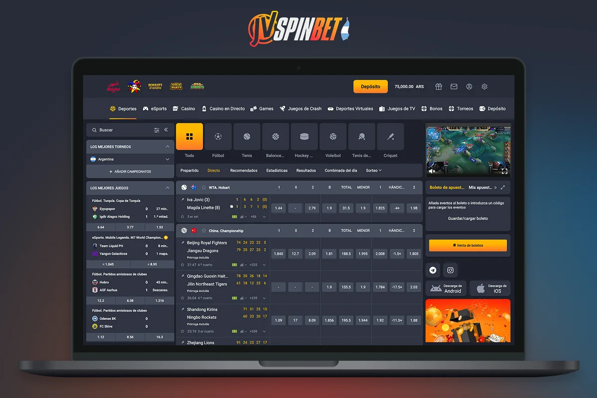 La sección JVSpin Live muestra los eventos actuales para apostar